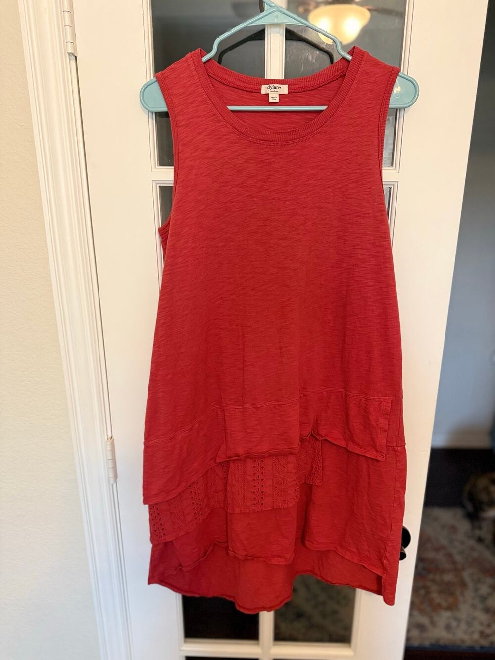 Dylan Medium Coral Red Cotton Eyelet Layered Hem Tank Dress